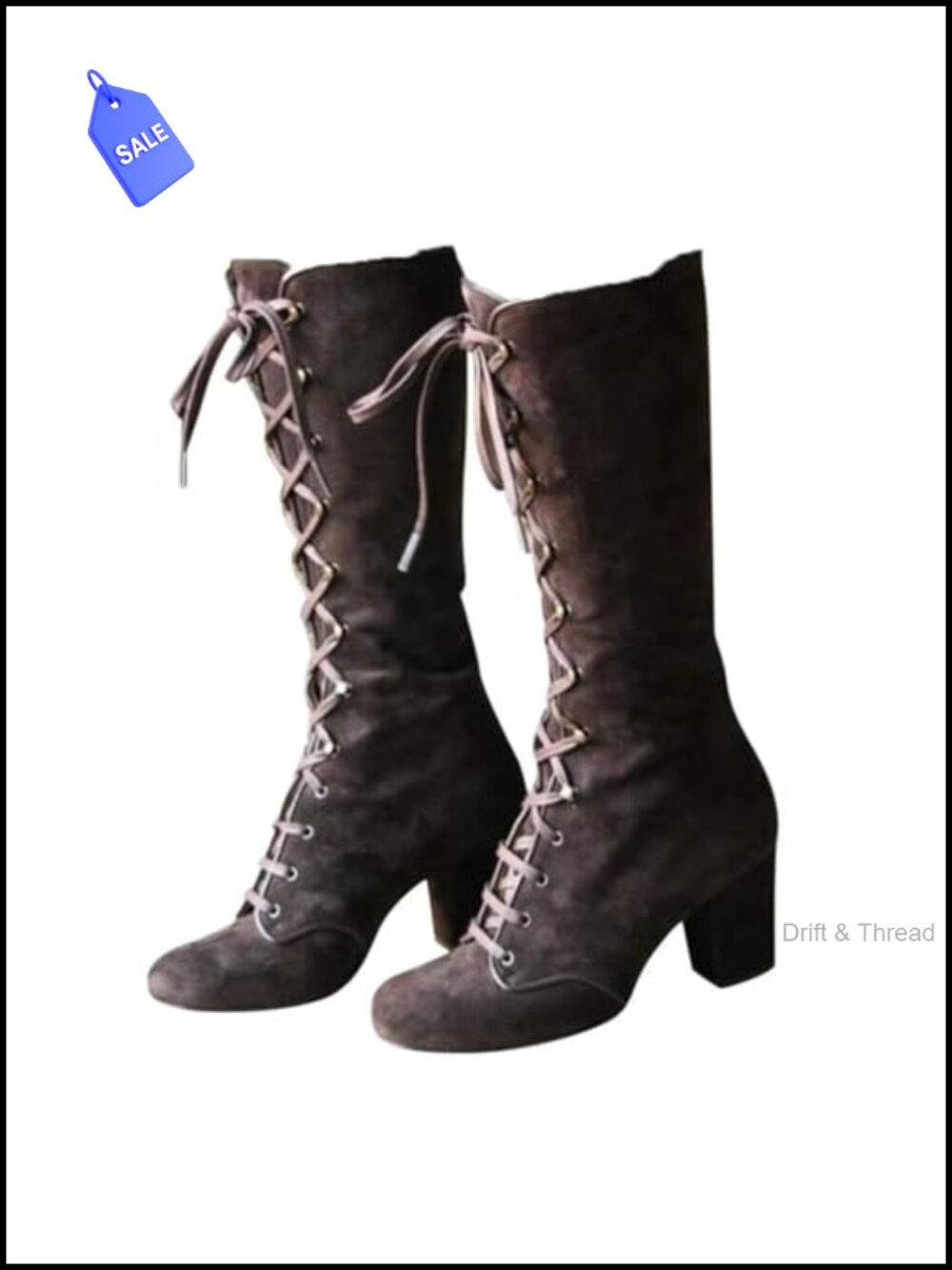 Faux Suede Mid-Calf Lace Up Chunky Heel Boots